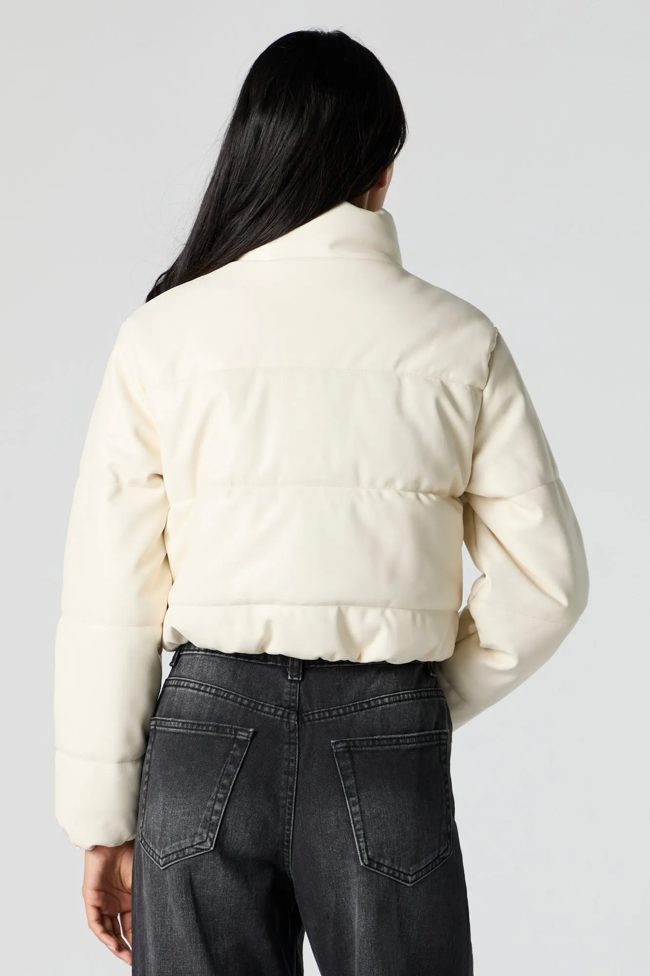 Faux Leather Cropped Puffer Jacket