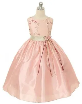 Floral Patterned Bodice and Satin Skirt Dress - Pink / Sage Green