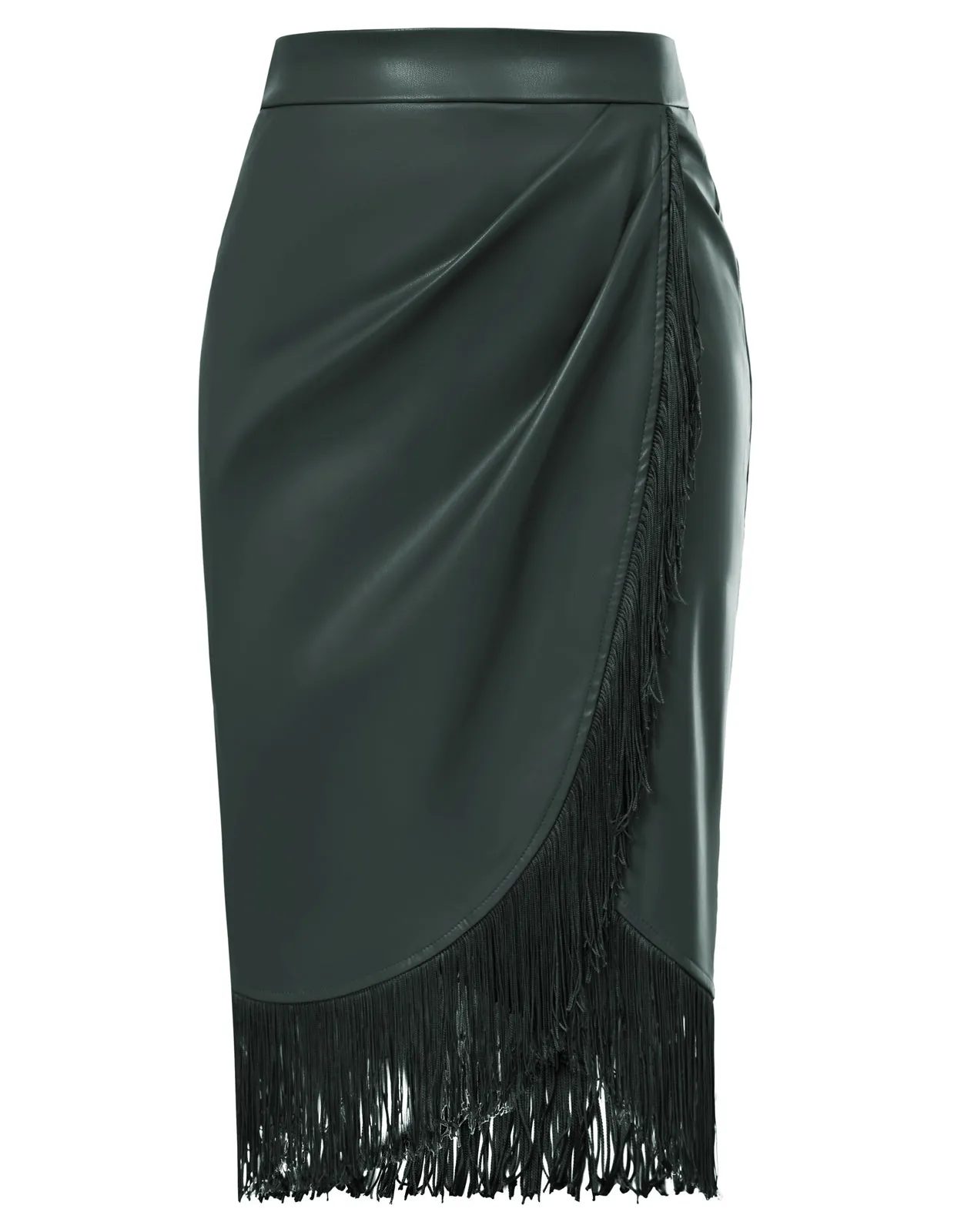 Fringe Bodycon Leather Skirt with Slit Knee Length Pencil Skirt