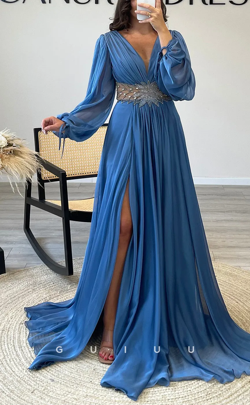 G3527 - Chic & Modern A-Line V-Neck Long Sleeves High Side Slit Pleated Draped Beaded Cut Outs Floor-Length Party Gown Prom Dress