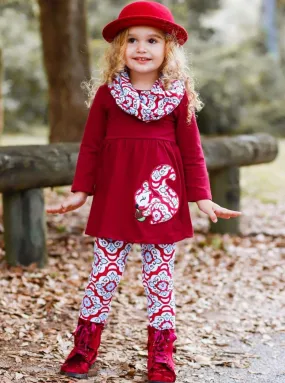 Girls Burgundy Long Sleeve Squirrel Applique Tunic, Medallion Print Leggings And Scarf Set