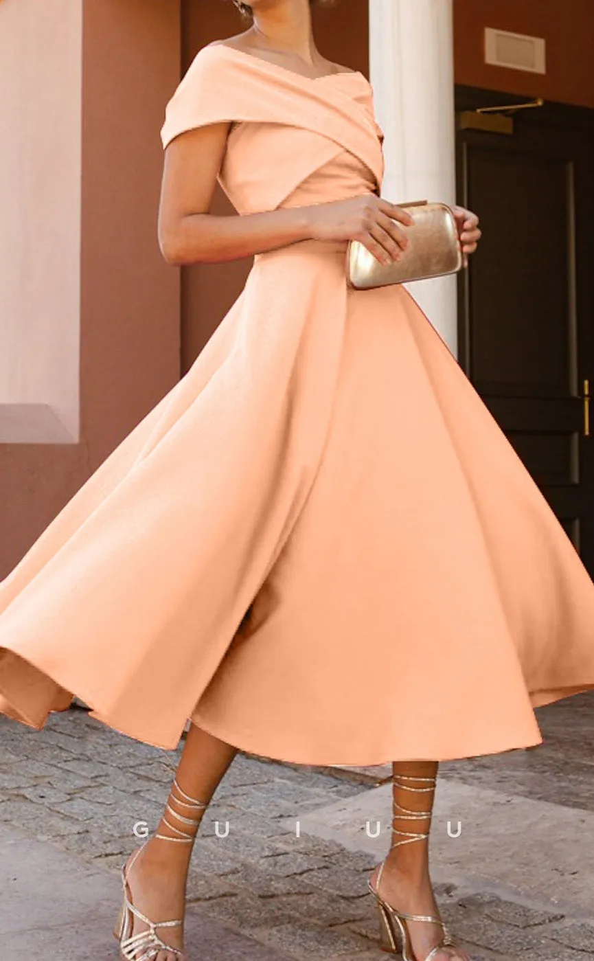 GM220 - A-Line Off Shoulder Short Sleeves Pleated Tea Length Cocktail Dress Wedding Guest Dress