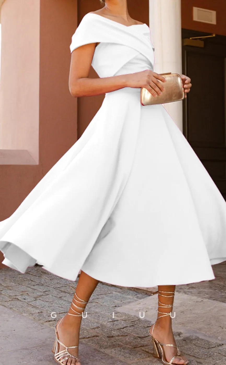 GM220 - A-Line Off Shoulder Short Sleeves Pleated Tea Length Cocktail Dress Wedding Guest Dress