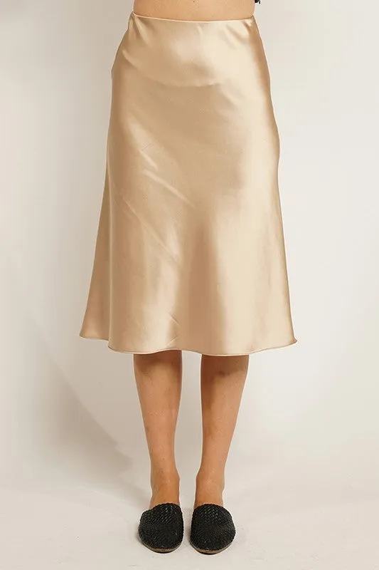 Gold Satin Solid Midi Mermaid Skirt With Hidden Zipper