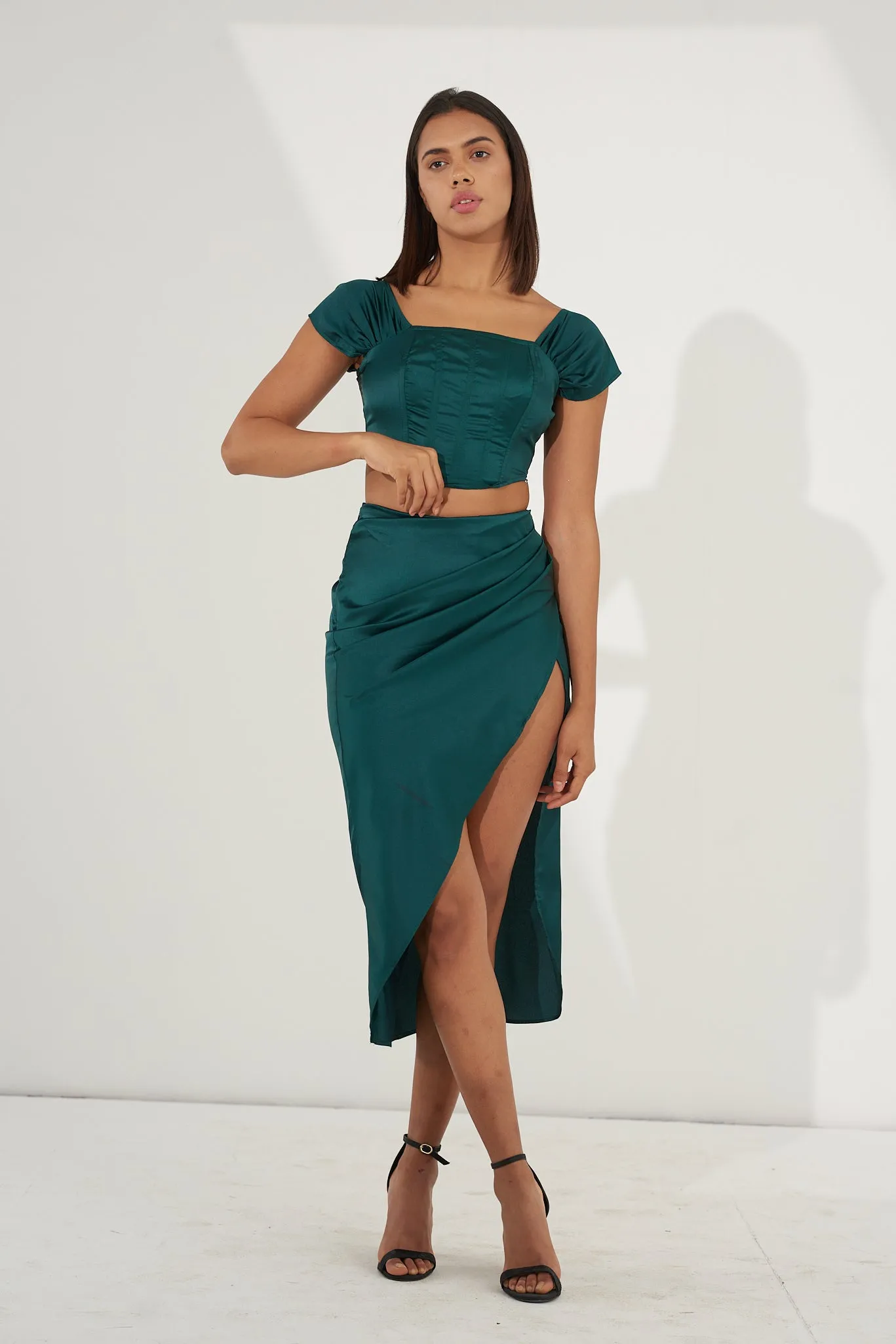 Green Satin corset top with pleated skirt with Regular fit