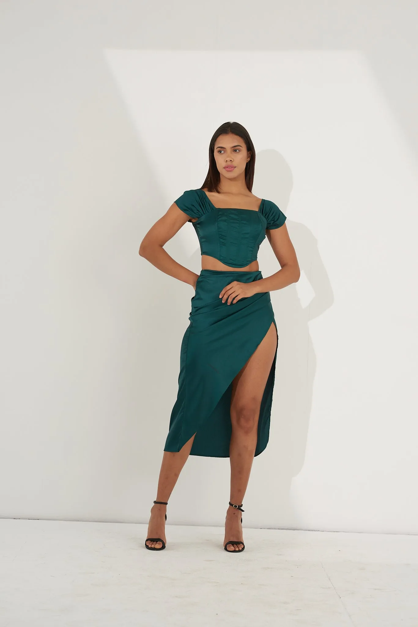 Green Satin corset top with pleated skirt with Regular fit