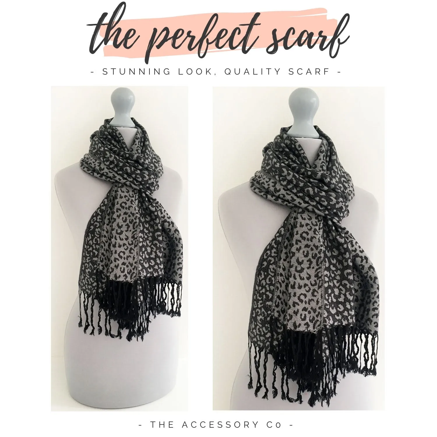 GREY SMALL LEOPARD PRINT REVERSIBLE PASHMINA SHAWL SCARF