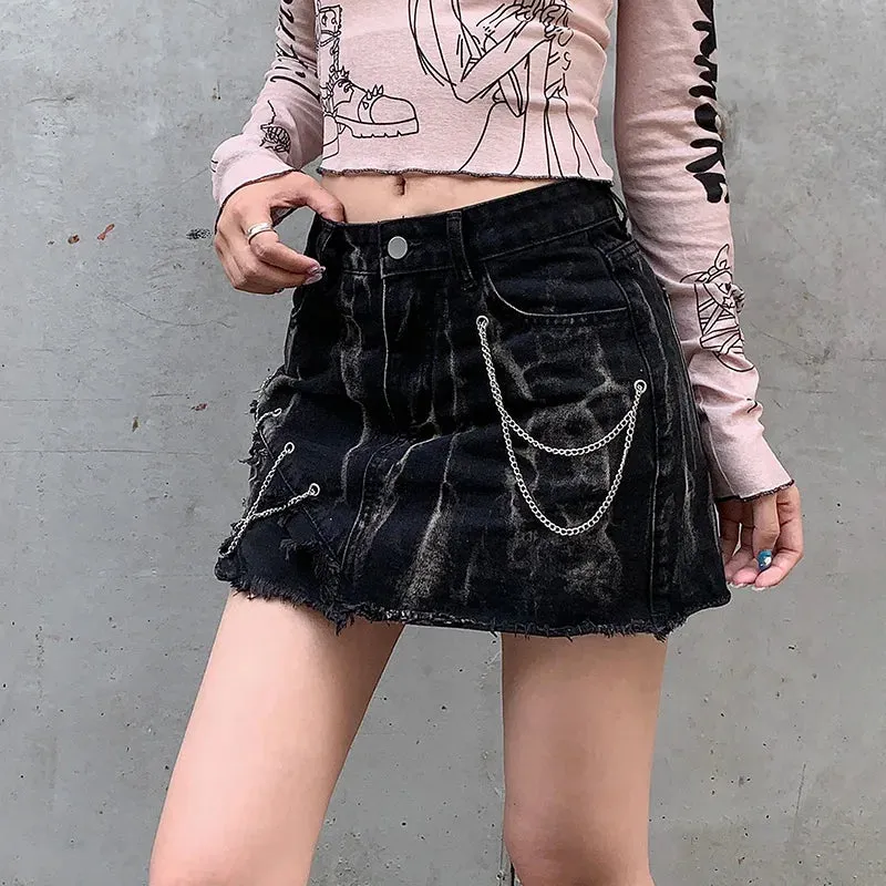 Grunge Gothic Burr Tie Dye Summer Denim Skirt Female Punk Style Chain Mini Skirts Vintage Stitching Hottie Harajuku