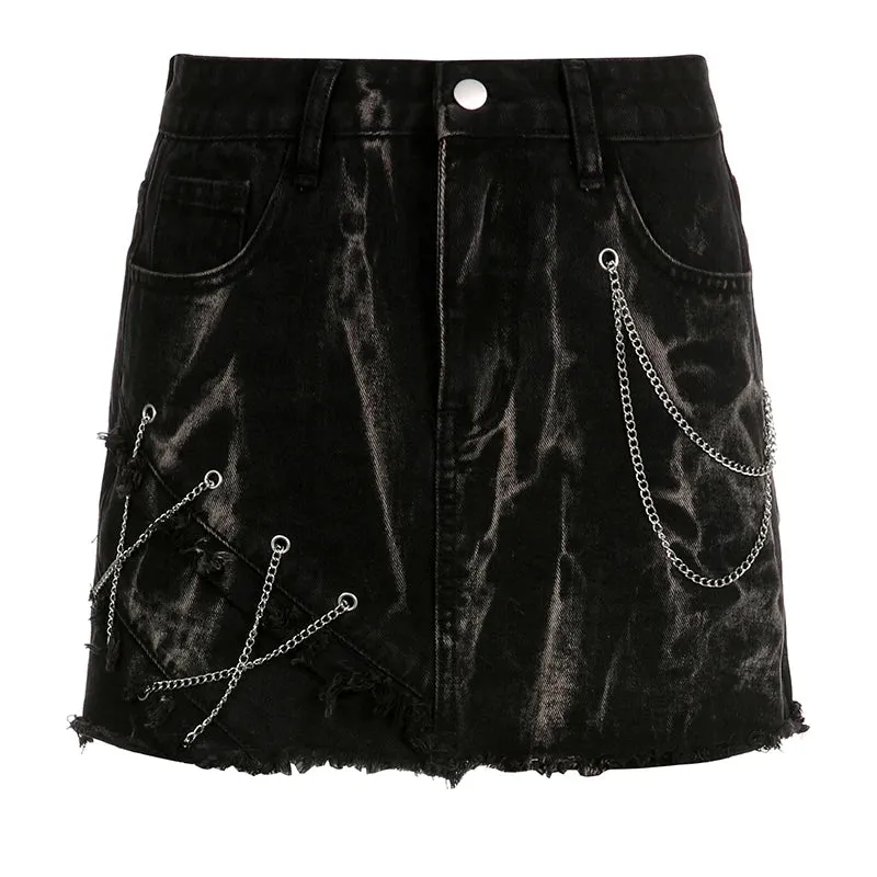 Grunge Gothic Burr Tie Dye Summer Denim Skirt Female Punk Style Chain Mini Skirts Vintage Stitching Hottie Harajuku