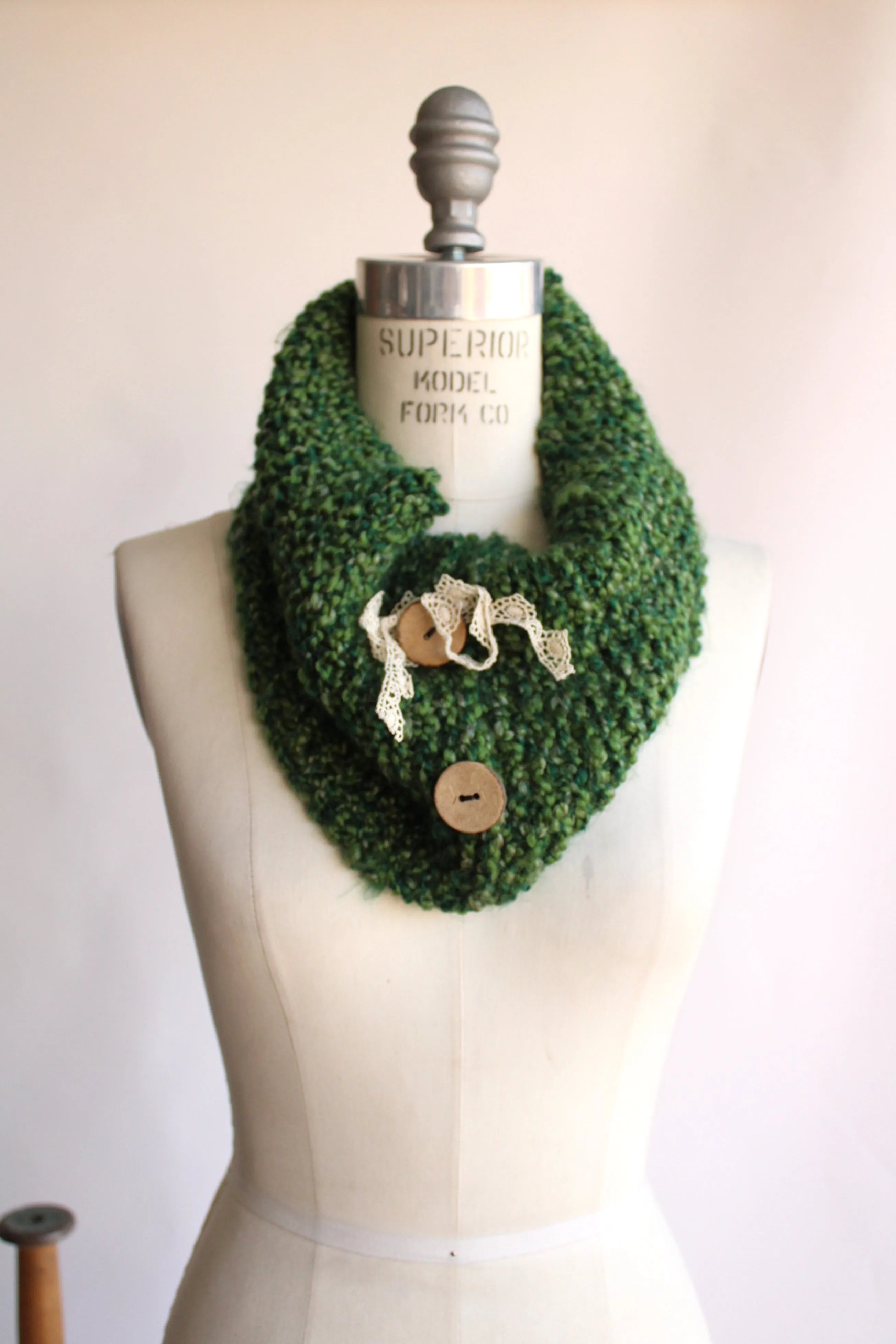 Handknit "Emerald Isle" Green Infinity Scarf Cowl