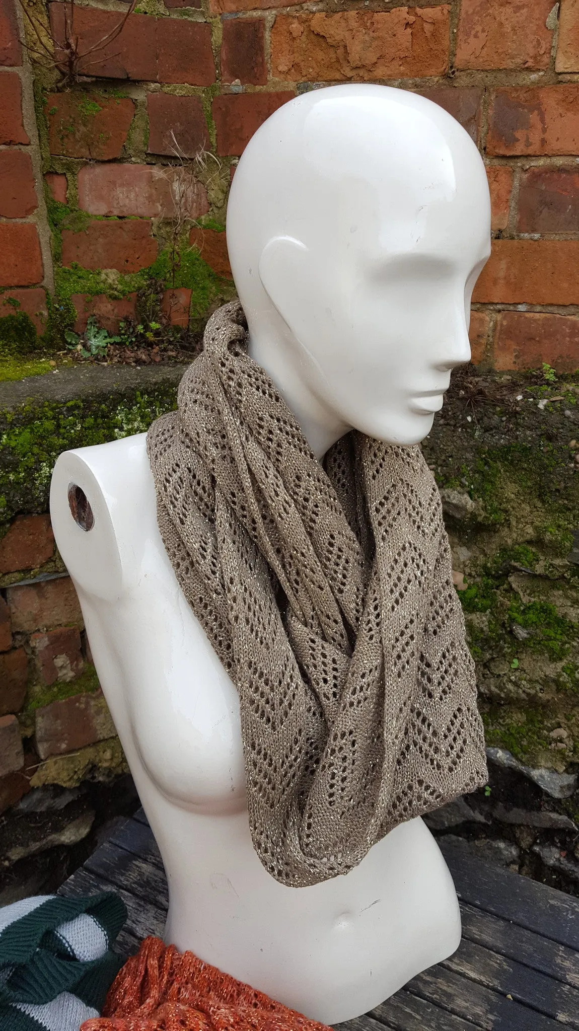 handmade lace knit infinty scarf, warm caramel and gold lurex coloured cowl.