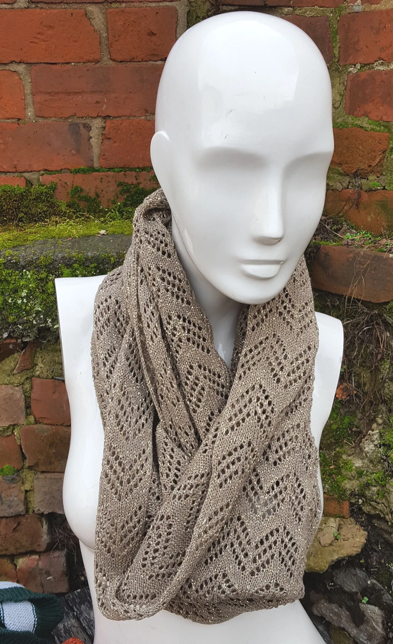 handmade lace knit infinty scarf, warm caramel and gold lurex coloured cowl.