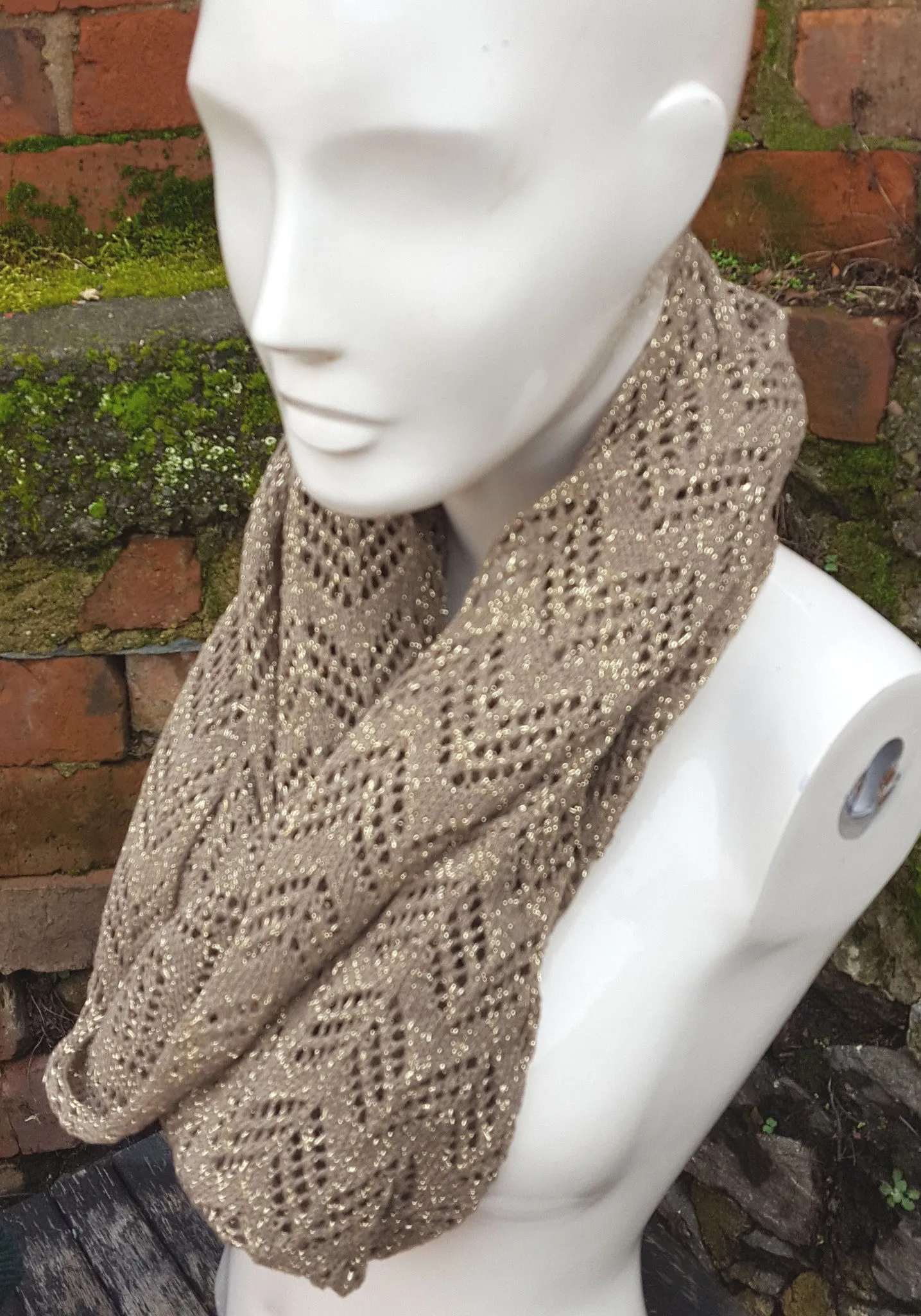 handmade lace knit infinty scarf, warm caramel and gold lurex coloured cowl.