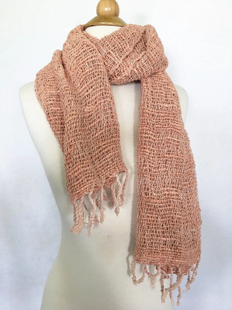 Handwoven Open Weave Cotton Scarf - Peach Puff