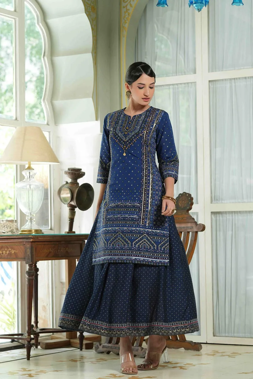 Juniper Indigo Ethnic Motif Printed Chanderi Layered Dress With Zari Work Embroidery