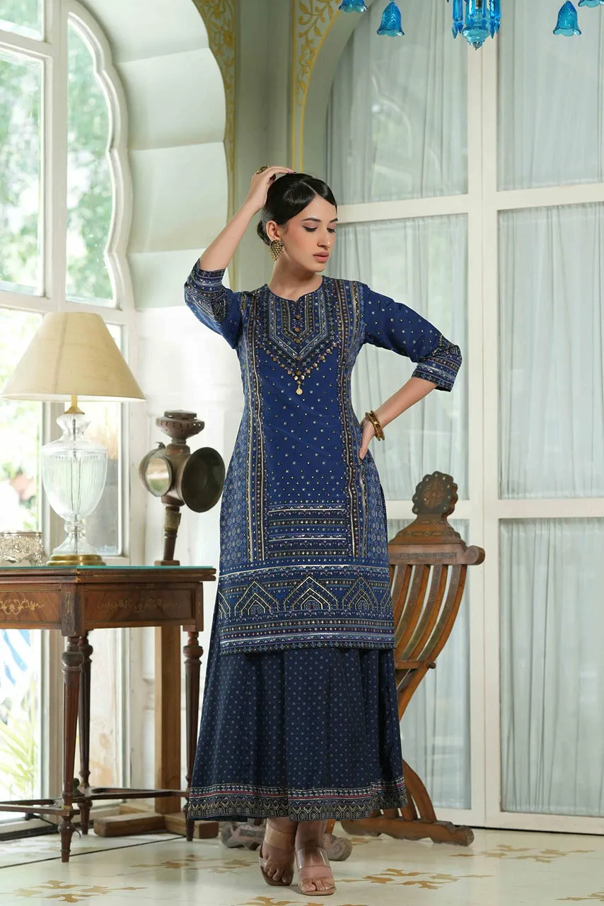 Juniper Indigo Ethnic Motif Printed Chanderi Layered Dress With Zari Work Embroidery