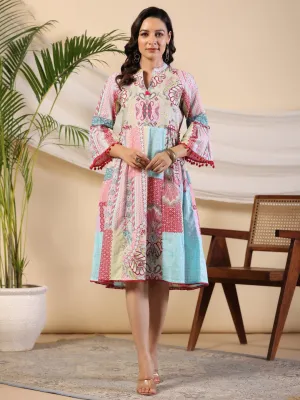 Juniper Multi-Colour Ethnic Motif Printed Pure Cotton Midi Dress With Sequined Work