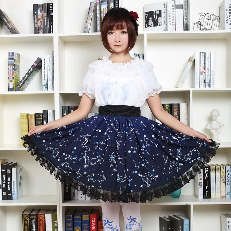 Kawaii Mori Girl Short Skirt Sweet Navy Blue Starry Night Printed Skater Skirt for Women