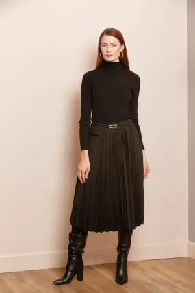 Knee Length Pleated Skirt with Belt and Flap Detail in Black