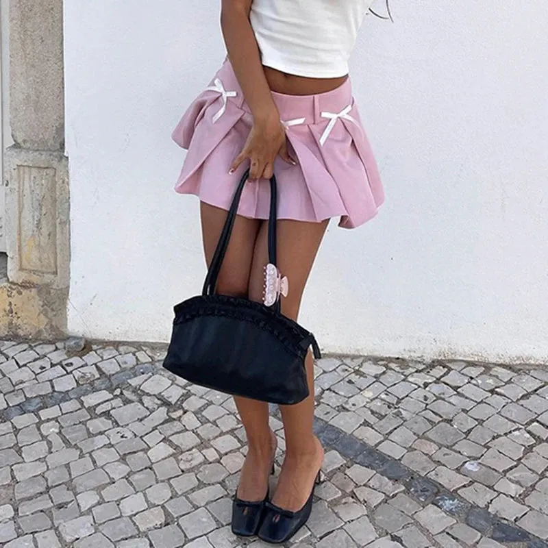 Korean Style Pink Bow Pleated Skirt Women Solid Coquette Clothes Mini Skirt Fold Japanese Y2K Preppy Style Girl Cute