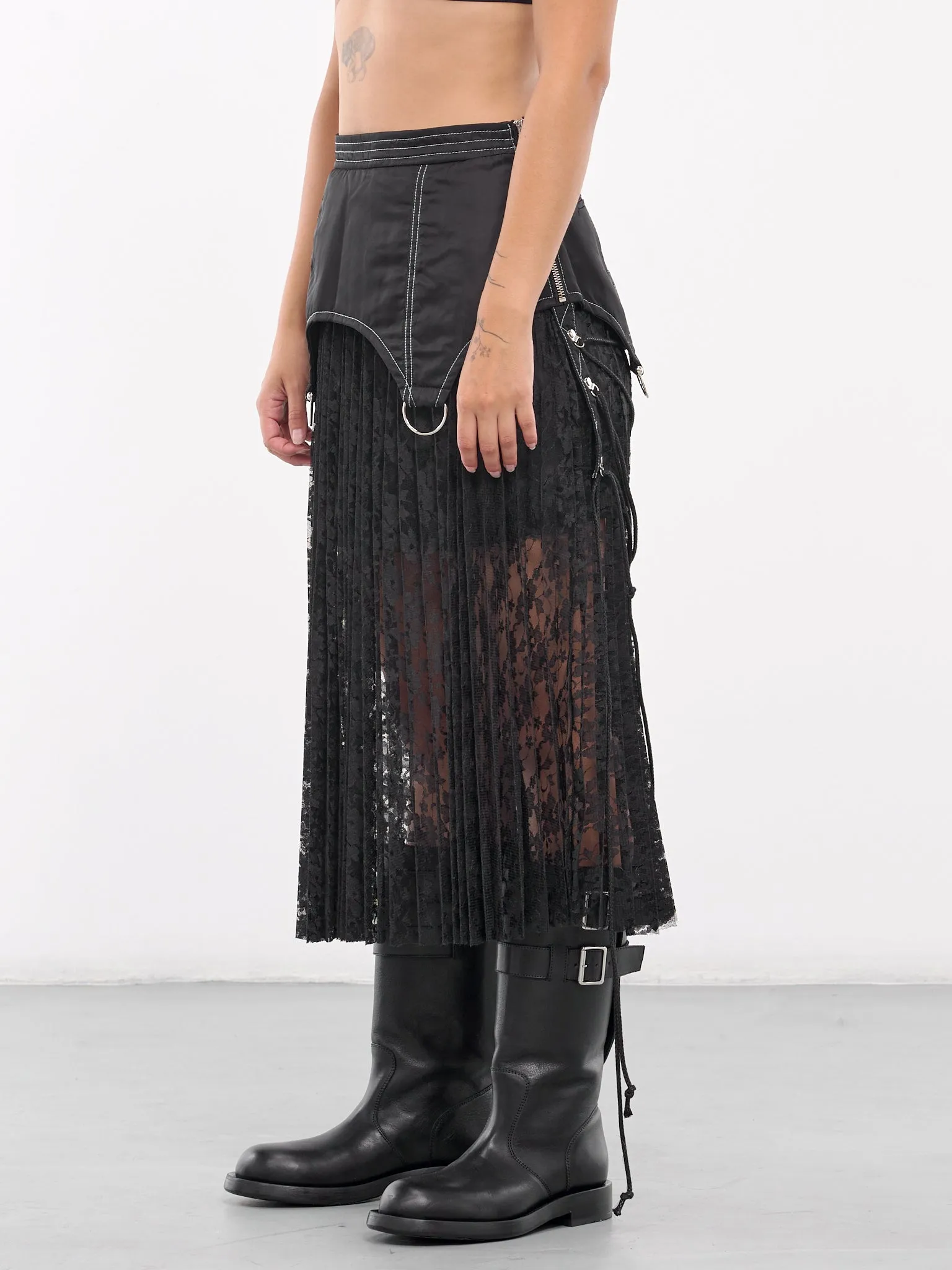 Lace Combination Pleated Skirt (APA762W-BLACK)