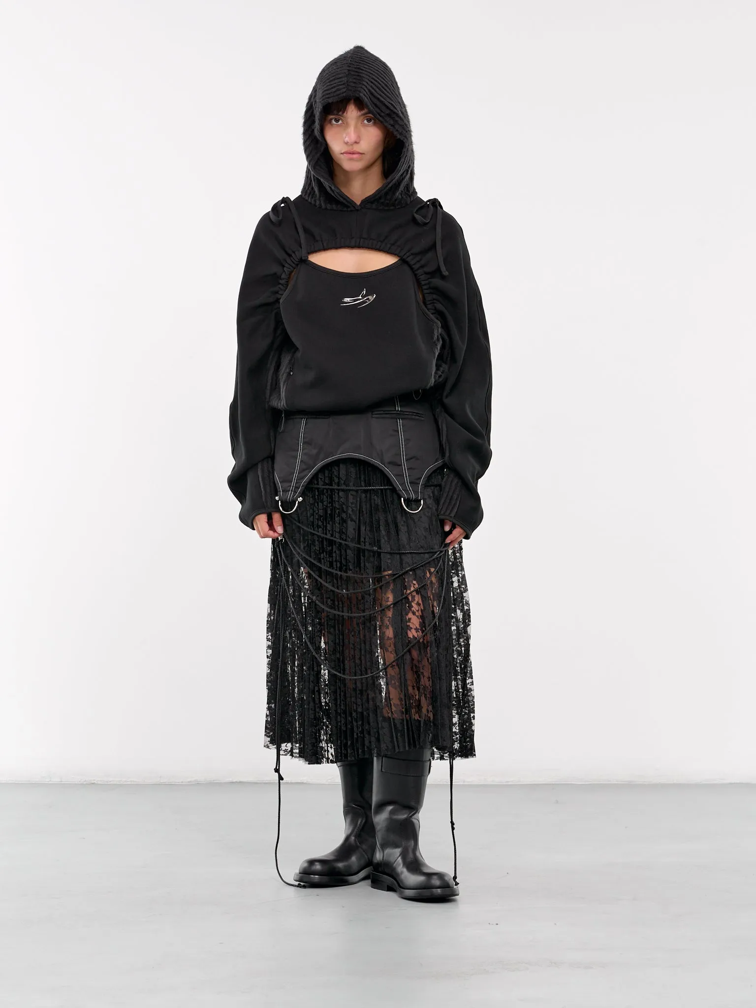 Lace Combination Pleated Skirt (APA762W-BLACK)