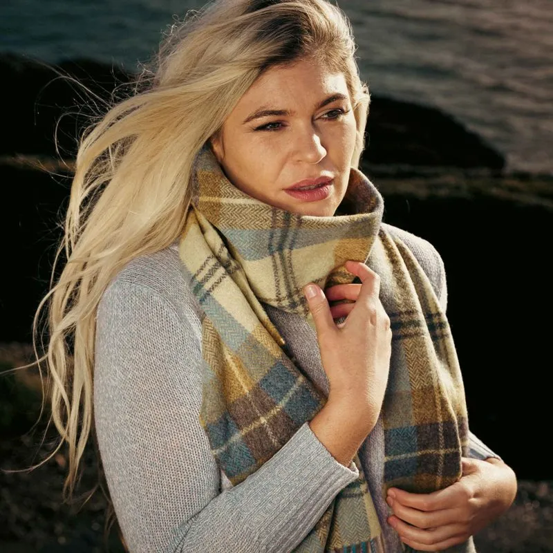 Lambswool Scarf - Straw, Blue and Brown Plaid - John Hanly