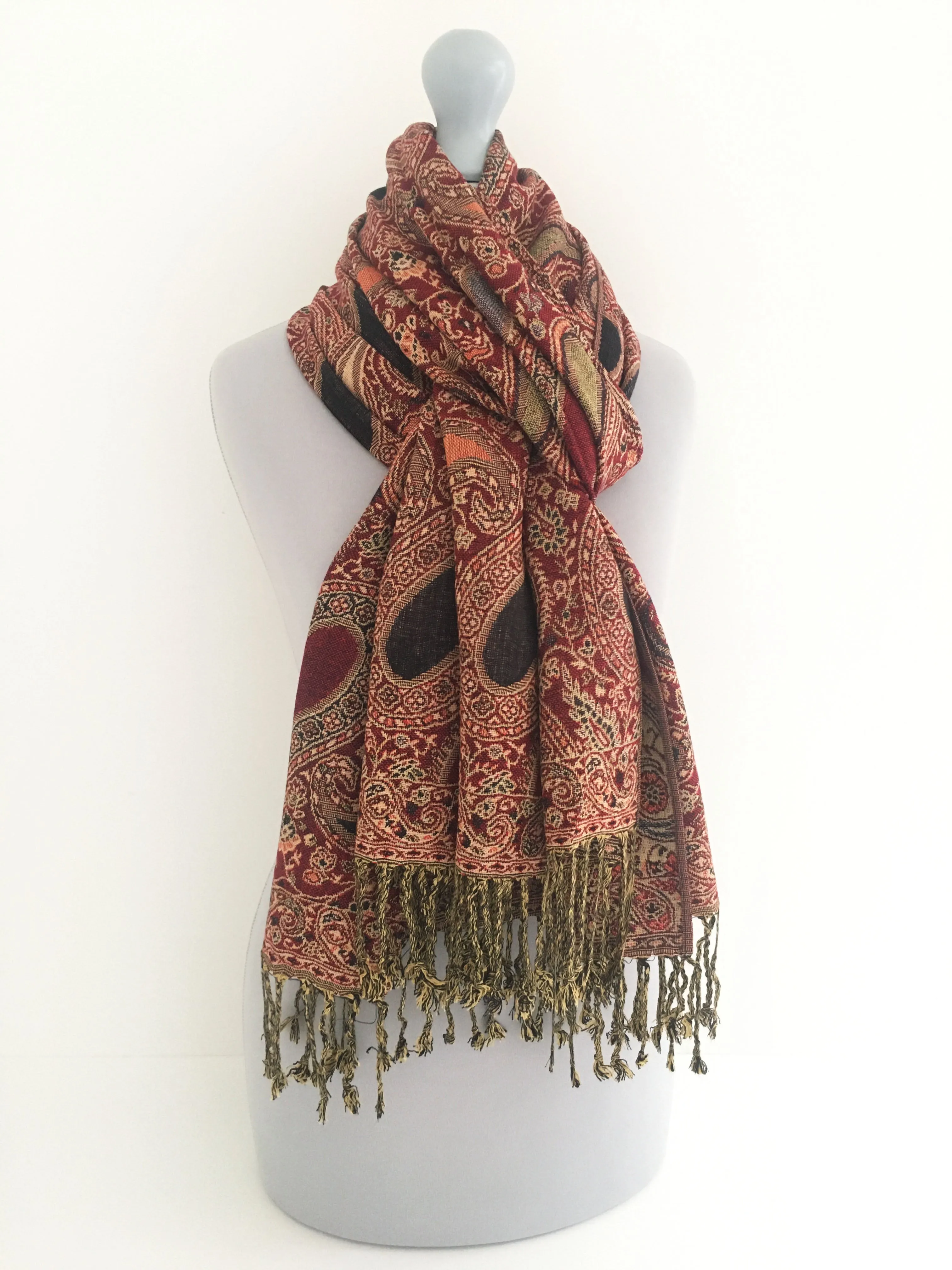 LARGE RED MULTI COLOUR PAISLEY PRINT PASHMINA SHAWL SCARF