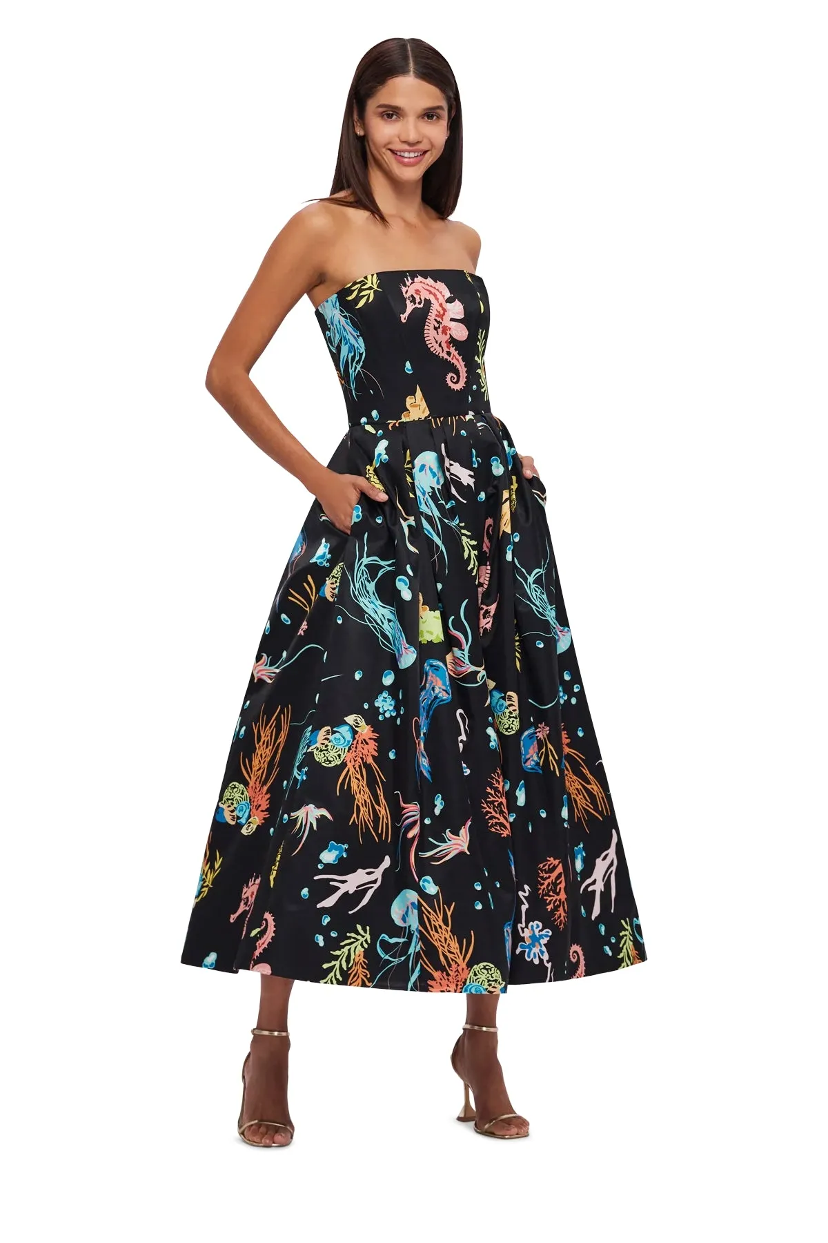 Leo Lin Leanne Bustier Midi Dress - Twilight Print in Black