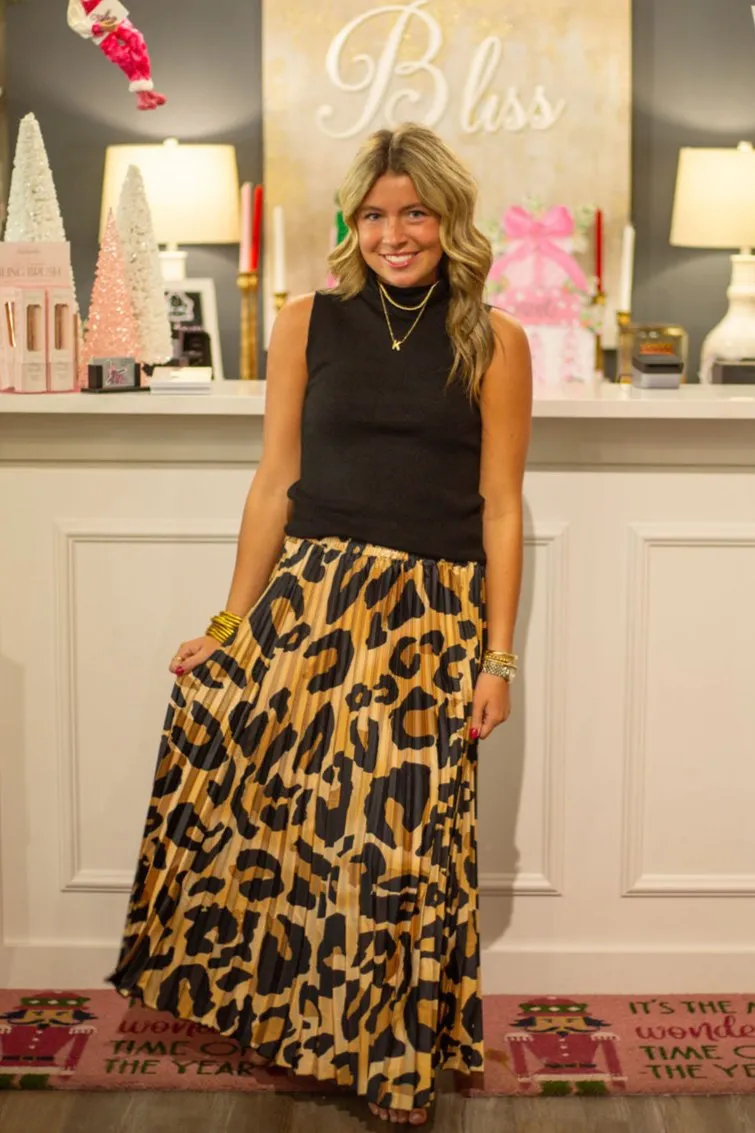 Leopard print Pleated Midi Skirt