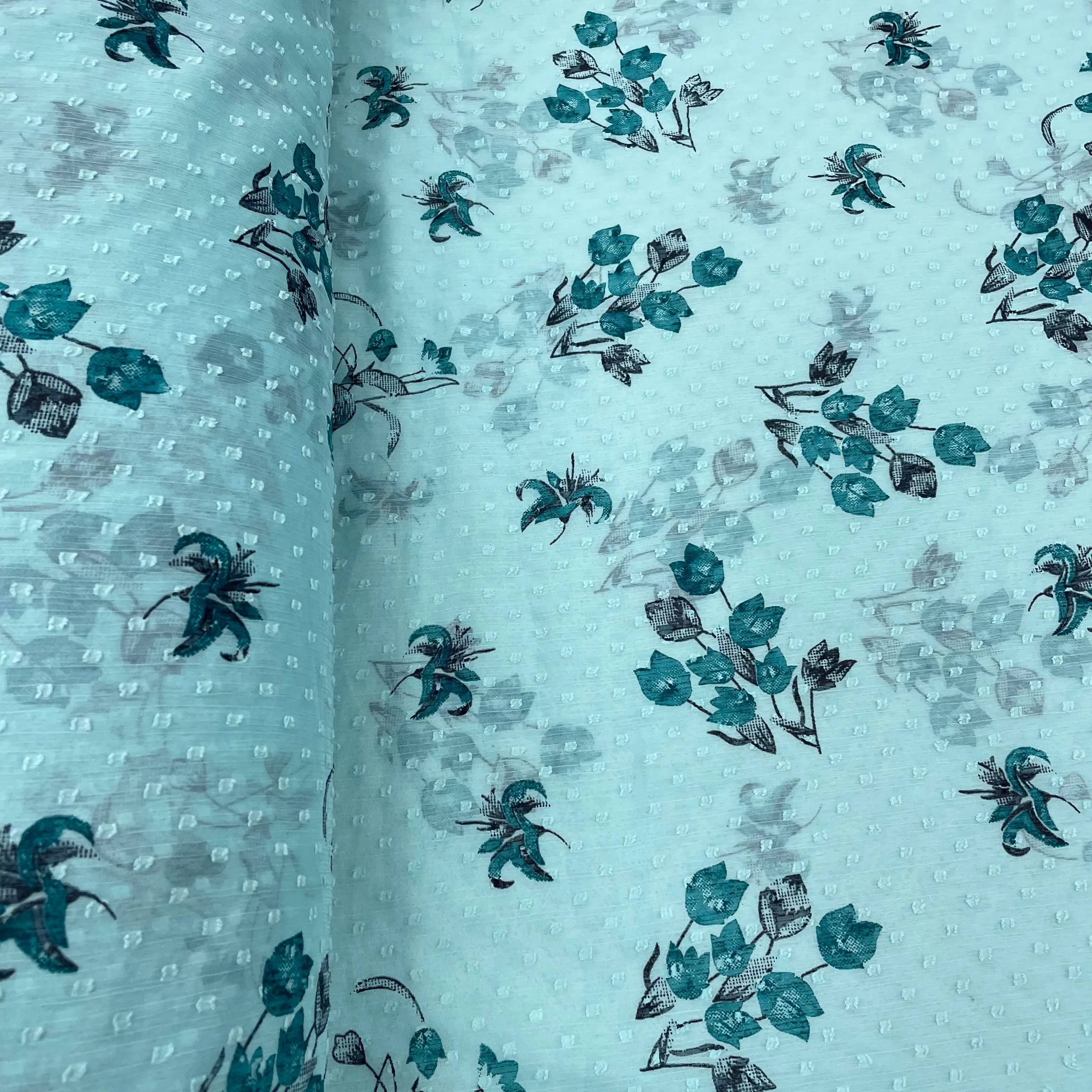 Light Blue With Blue Floral Chiffon Dobby Fabric