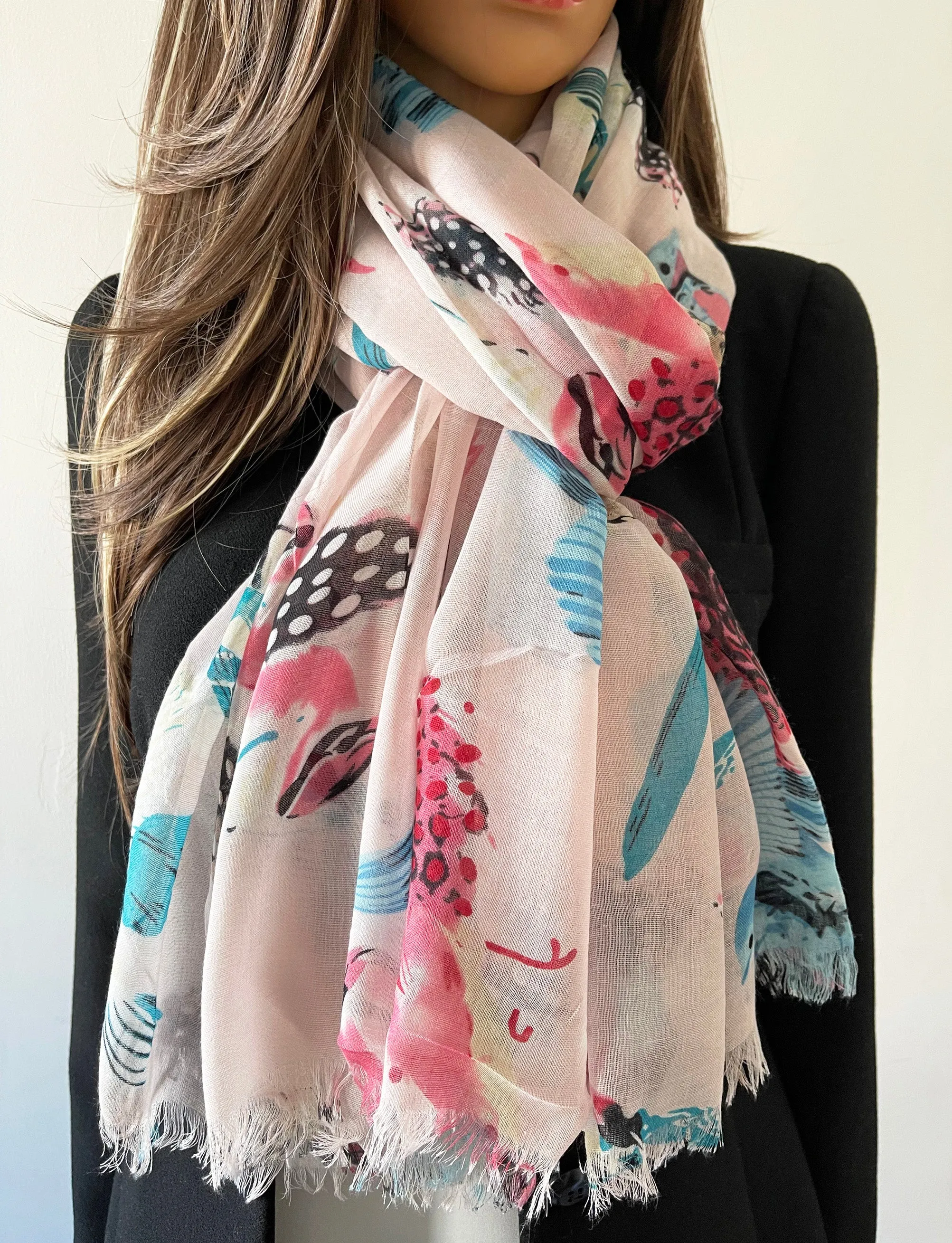 LIGHTWEIGHT BLUSH PINK BIRDS AND FEATHERS SCARF