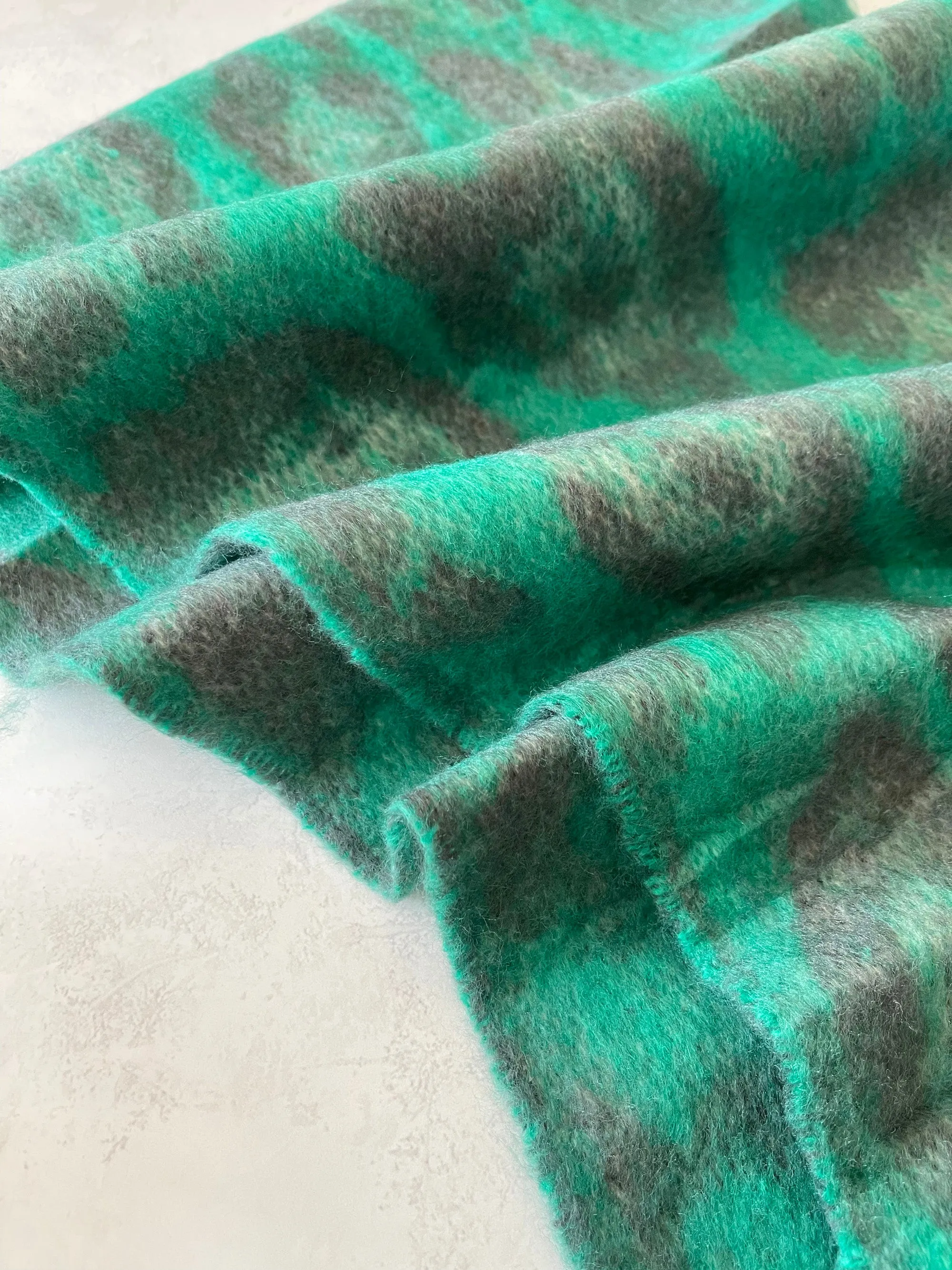 LONG GREEN WOOL MIX FLUFFY OVERSIZED LEOPARD PRINT SCARF