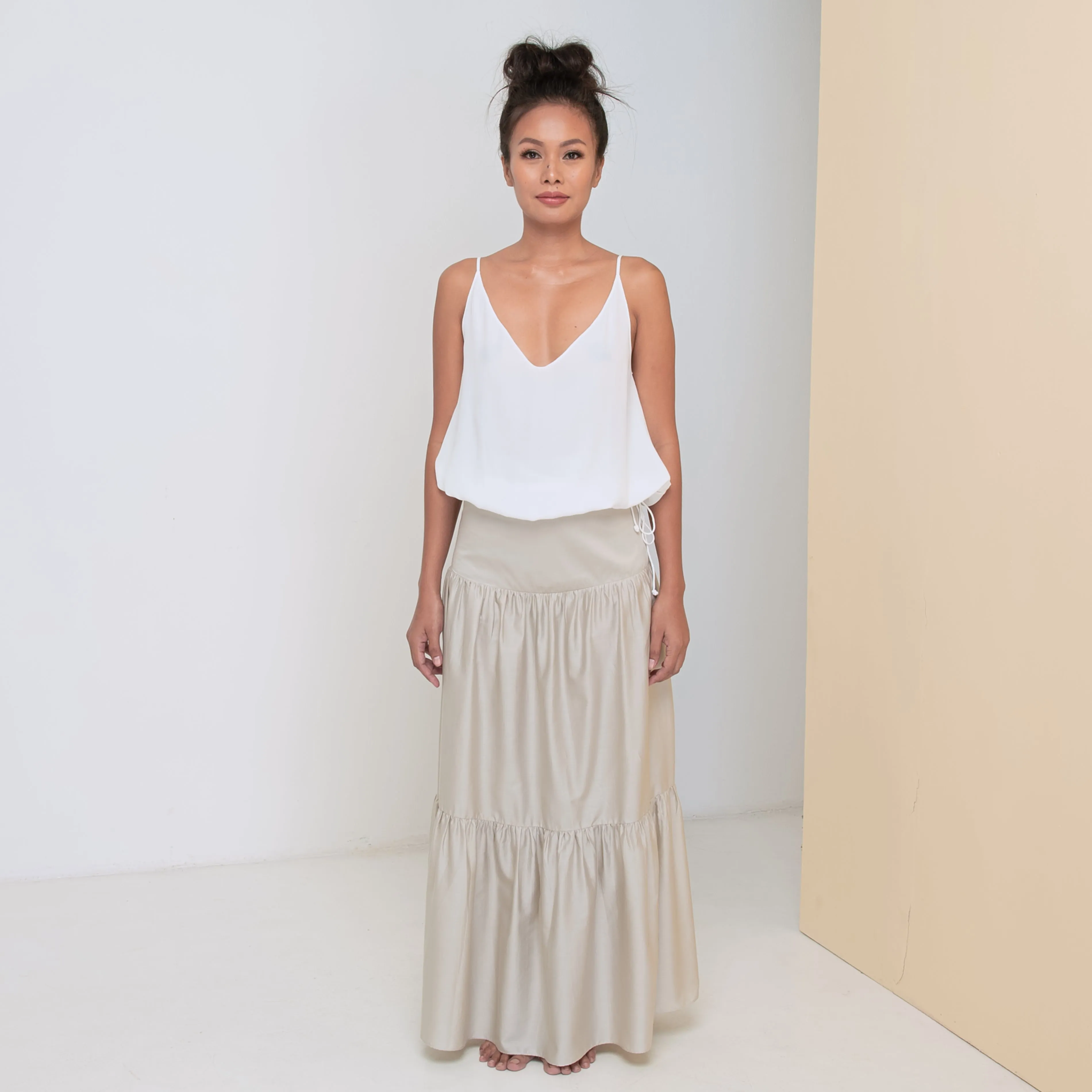 LONG VOLANTS SKIRT - Cotton Sateen | Light Grey Greige