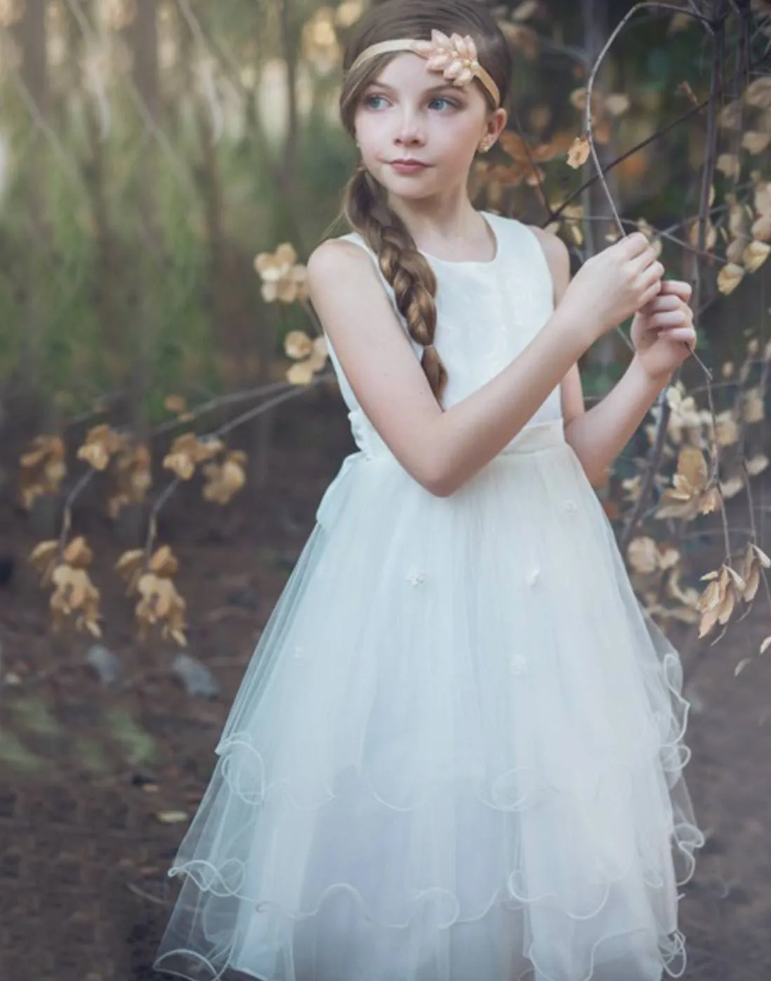 Lovely Ivory Jacquard Bodice and Multi-Tiered Floral Embroidered Tulle Dress - White