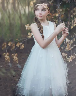 Lovely Ivory Jacquard Bodice and Multi-Tiered Floral Embroidered Tulle Dress - White