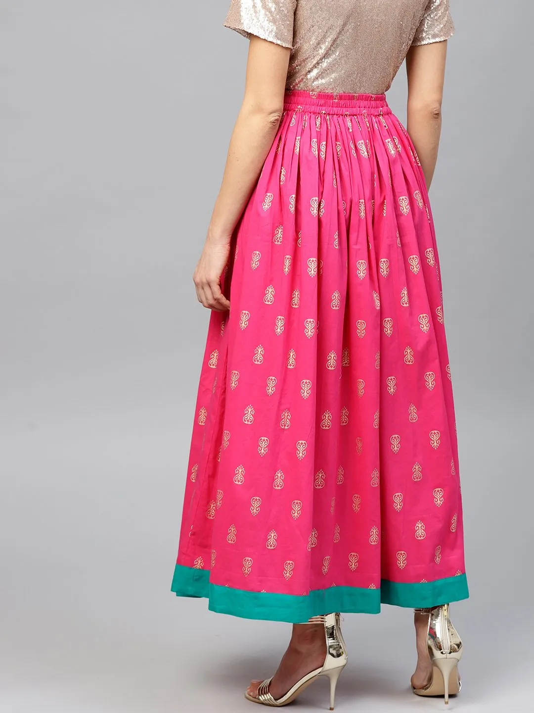 Magenta Printed Flared Ankle Length Skirt