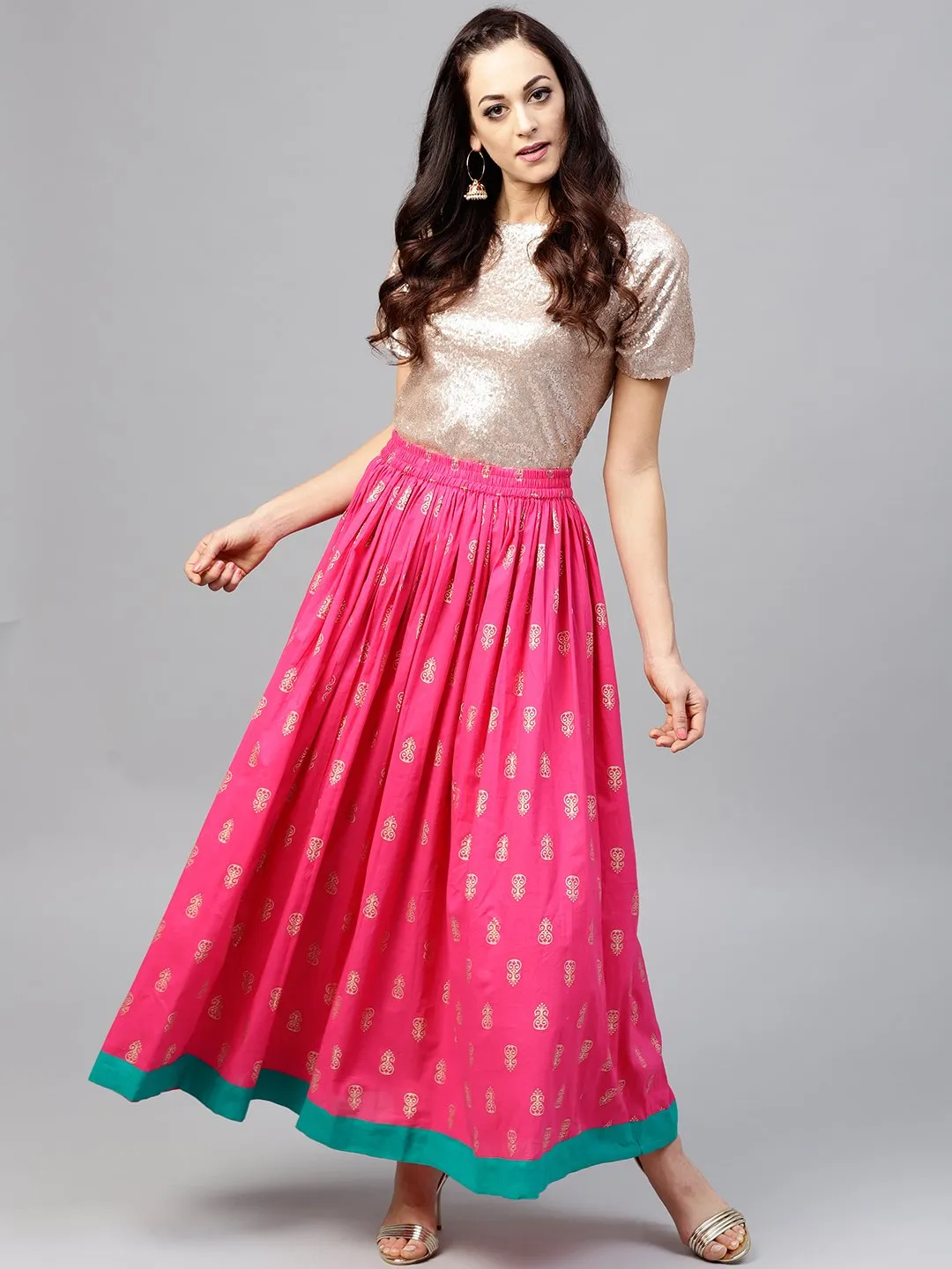 Magenta Printed Flared Ankle Length Skirt