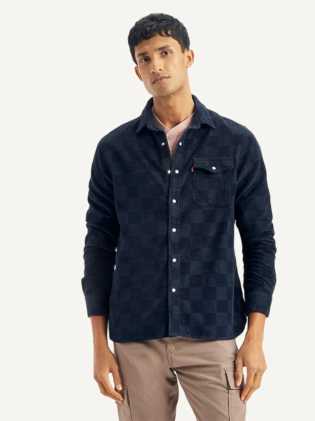 Men's Checkered Spread Collar Denim Shirt