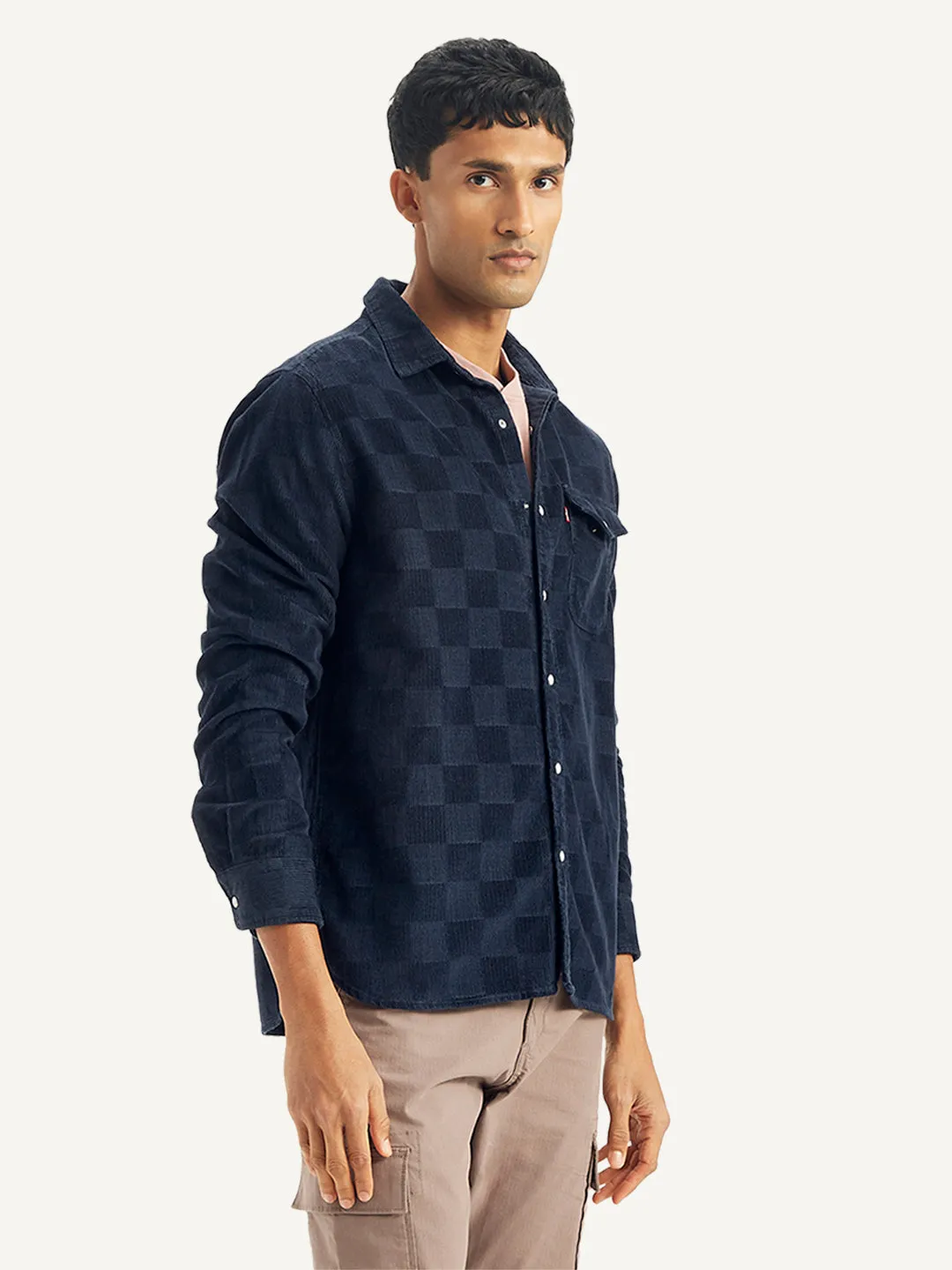 Men's Checkered Spread Collar Denim Shirt