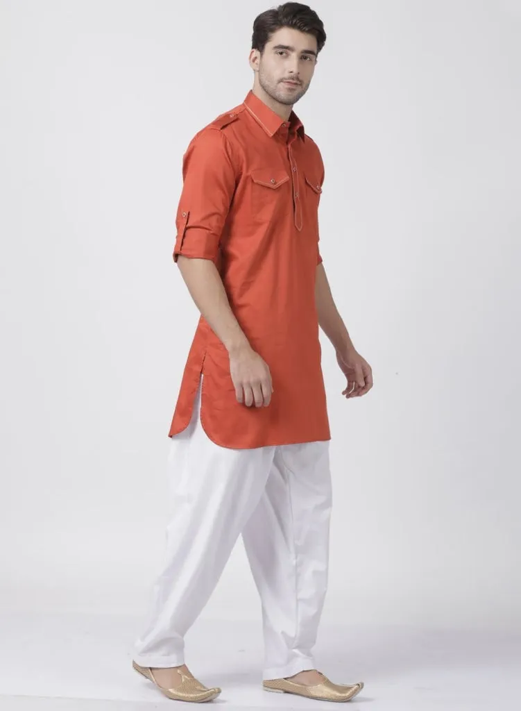 Men's Orange Cotton Blend Pathani Suit Set