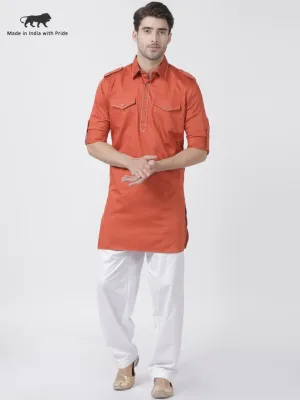 Men's Orange Cotton Blend Pathani Suit Set