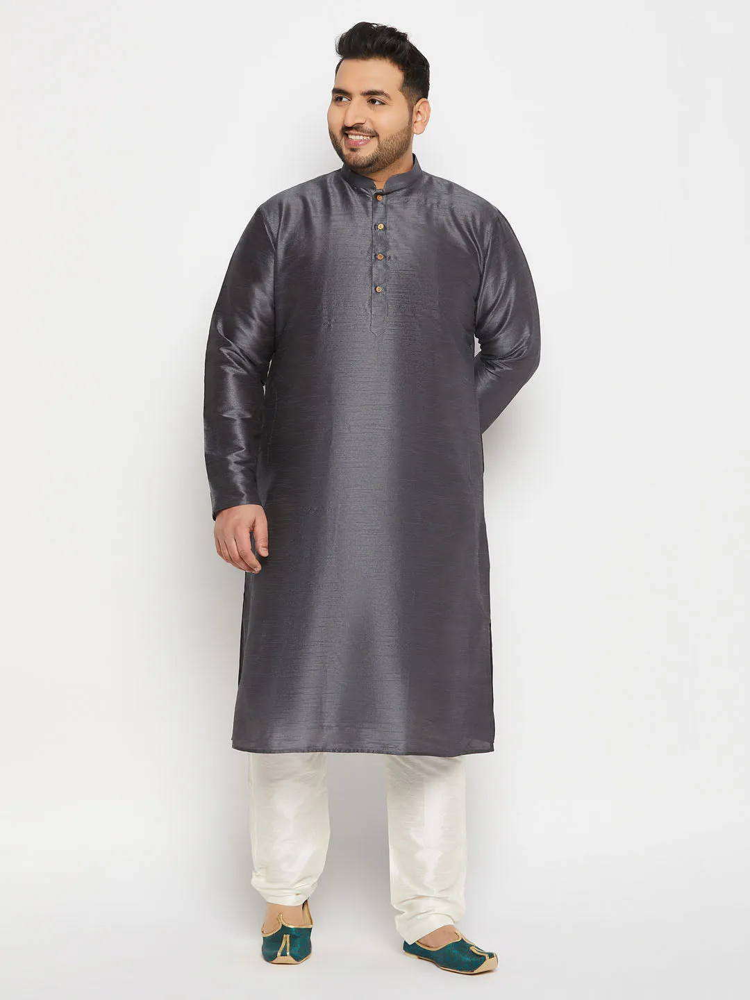 Men's Plus Size Grey Silk Blend Kurta Pant Set