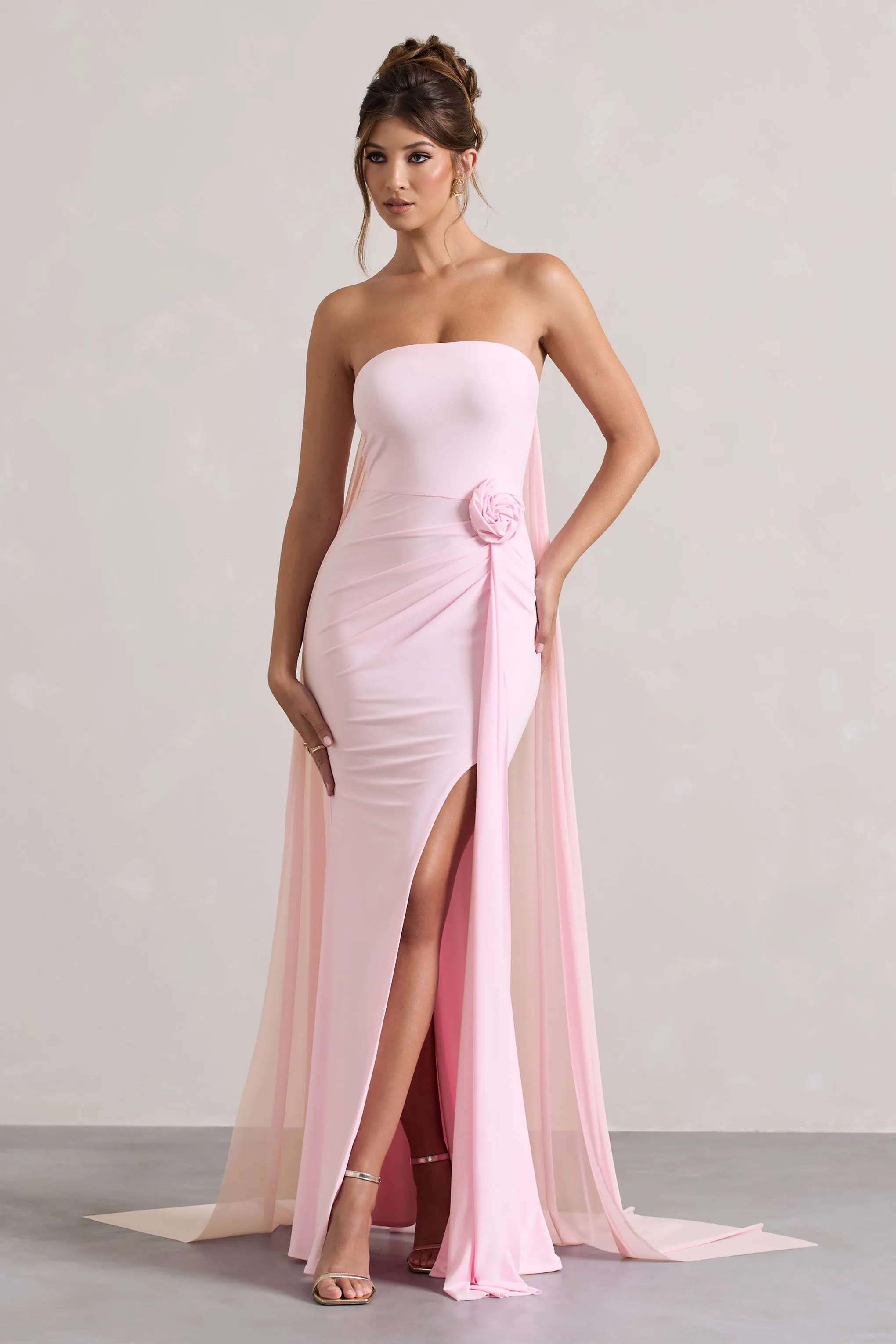 More To Come | Pink Strapless Wrap Cape Maxi Dress With Corsage