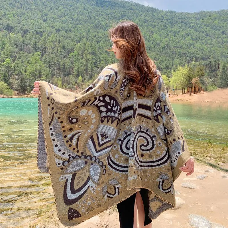 Multi-purpose Tibetan Style Shawl Cashew Flower Cloak Winter Warm Open National Wind Air-conditioning Scarf