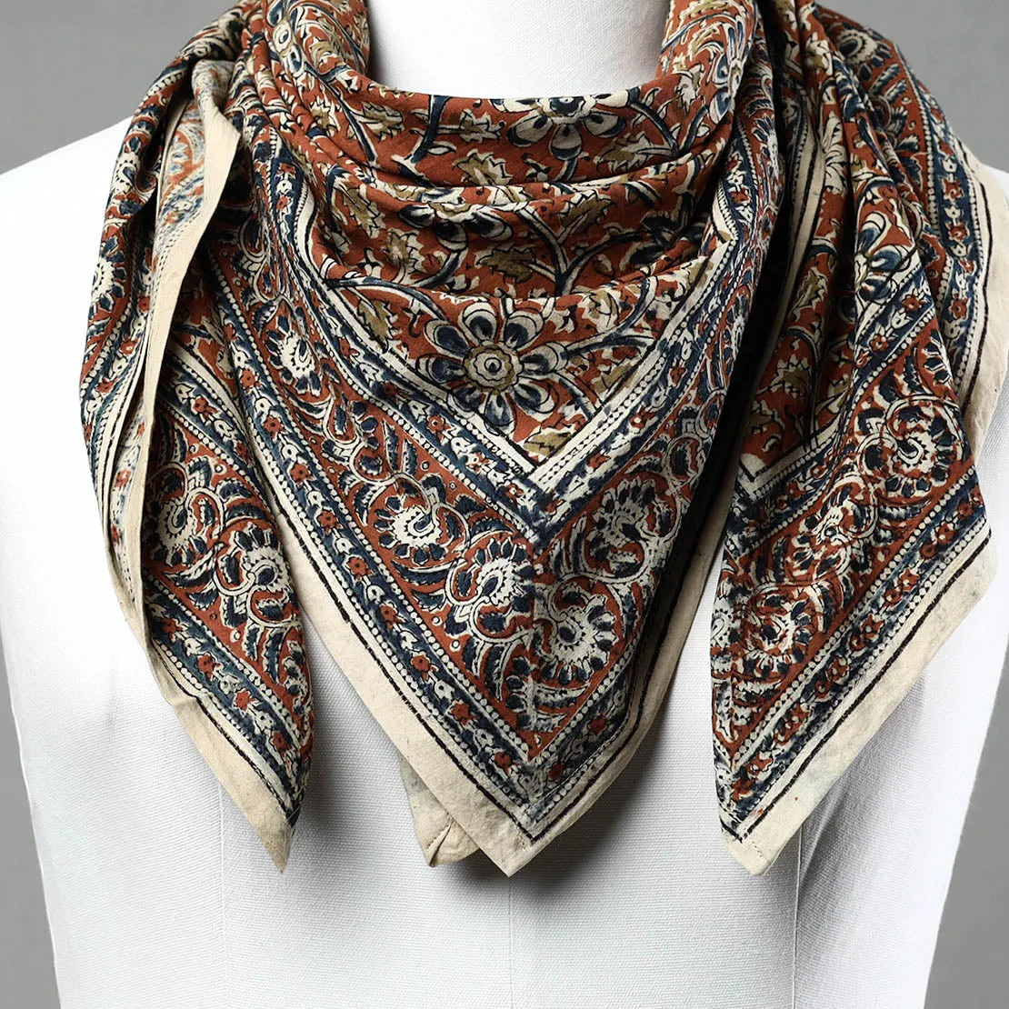 Multicolor - Pedana Kalamkari Block Printed Natural Dyed Cotton Scarf 22