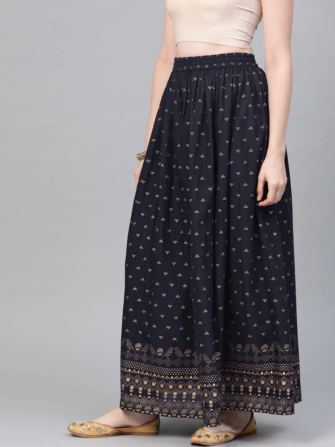 Navy Blue Gold Printed Ankle Length Flared Skirt