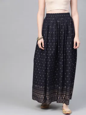 Navy Blue Gold Printed Ankle Length Flared Skirt