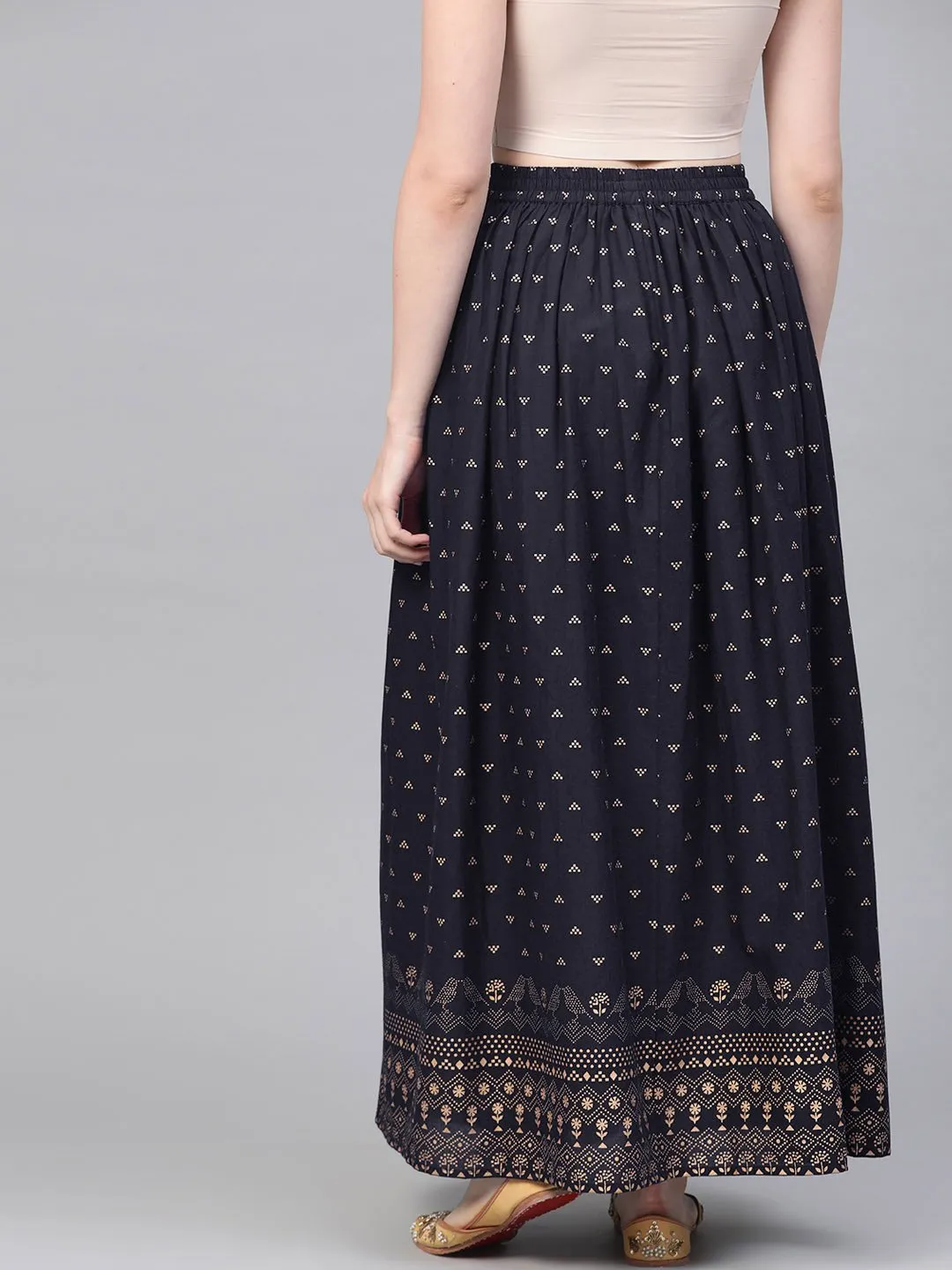 Navy Blue Gold Printed Ankle Length Flared Skirt