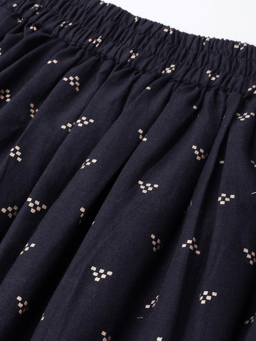 Navy Blue Gold Printed Ankle Length Flared Skirt